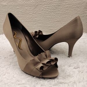 Nina Taupe Satin Pleated Bow Detail Peep Toe Satin High Heel Slip On Dress Shoe